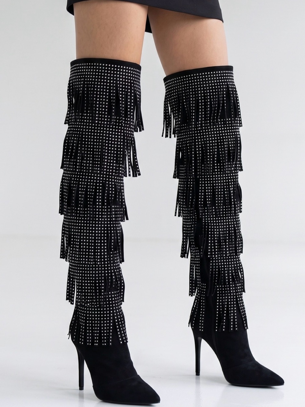 Blacksilver studs Fringe over the knee Boots Stiletto heels Faux suede leather 6 - Picture 14 of 16